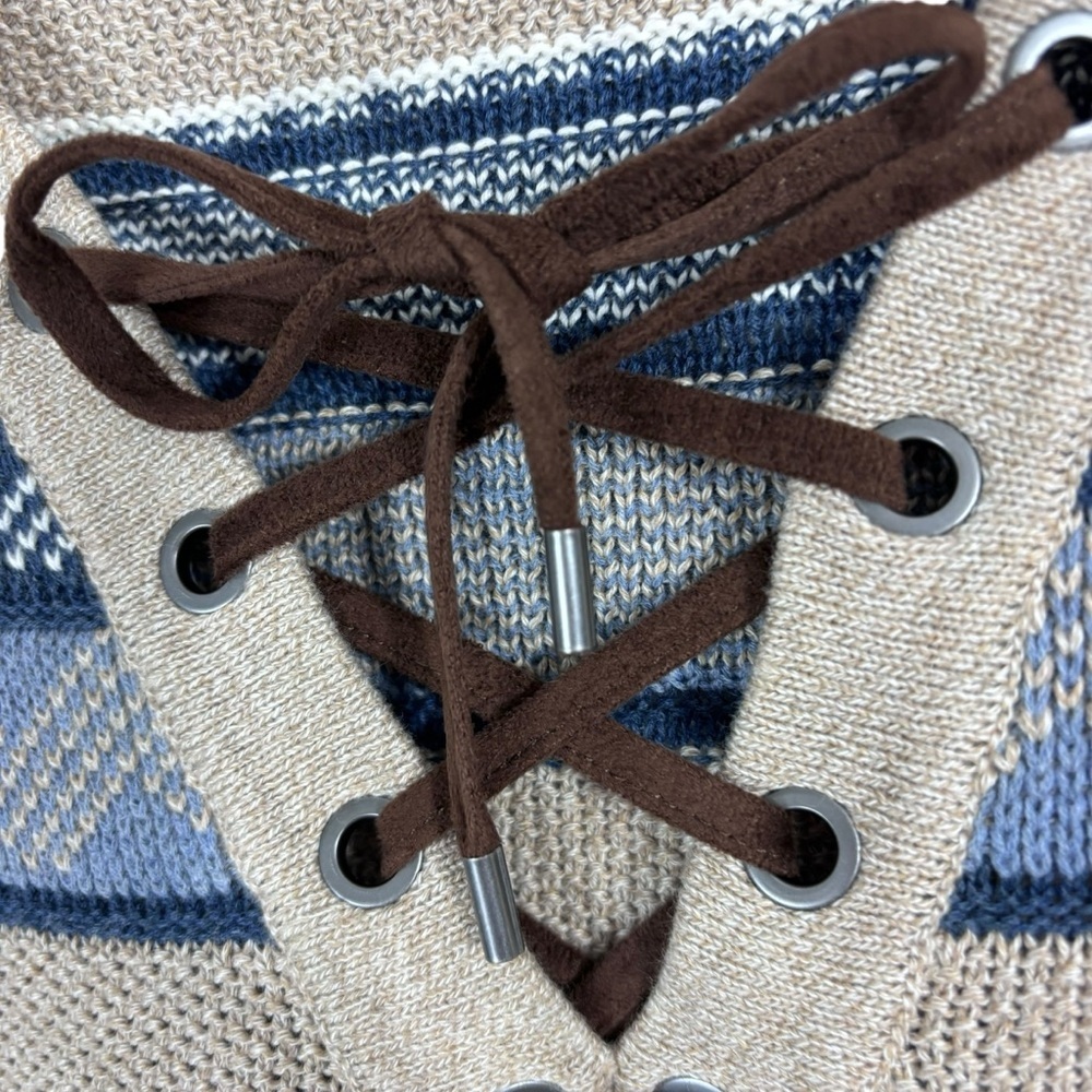 Chaps Western Sweater Blue Tan Pullover Striped Neckline Crisscross Tie Size L - Picture 6 of 8